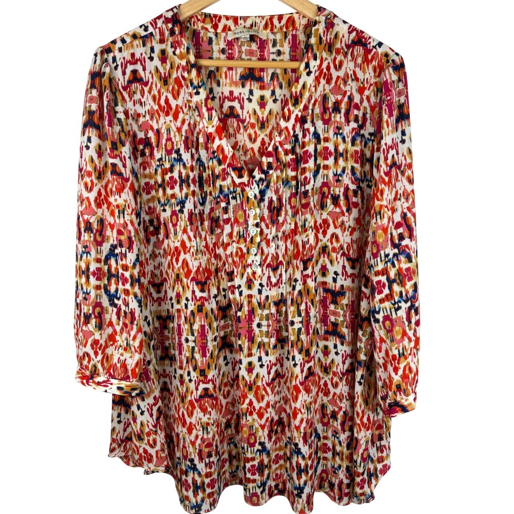 Rose & Olive 2X Boho Ikat Print Pleated Tunic Blouse 3/4 Sleeve Plus Size